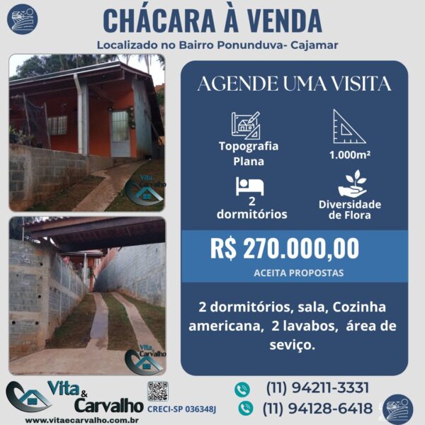 CHÁCARA À VENDA - 1.000m² - PONUNDUVA - CAJAMAR