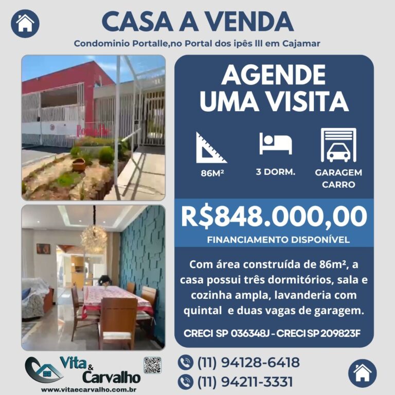 CASA À VENDA - 86m² - CONDOMÍNIO PORTALLES - CAJAMAR -SP